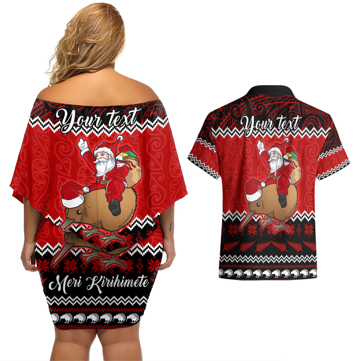 Personalised New Zealand Christmas Couples Matching Off Shoulder Short Dress and Hawaiian Shirt Kiwi Santa Claus Maori Meri Kirihimete LT9 - Wonder Print Shop