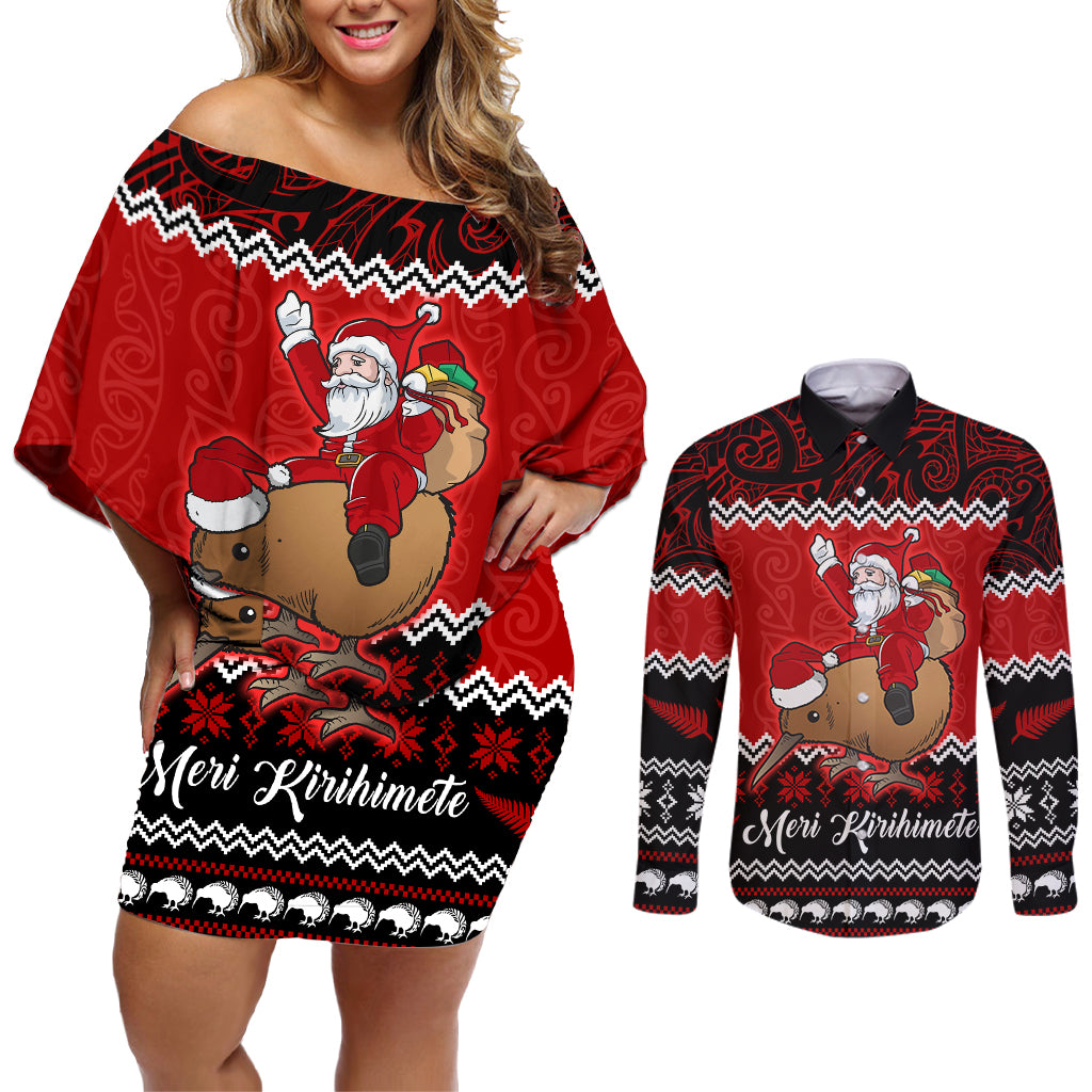 Personalised New Zealand Christmas Couples Matching Off Shoulder Short Dress and Long Sleeve Button Shirt Kiwi Santa Claus Maori Meri Kirihimete LT9 - Wonder Print Shop
