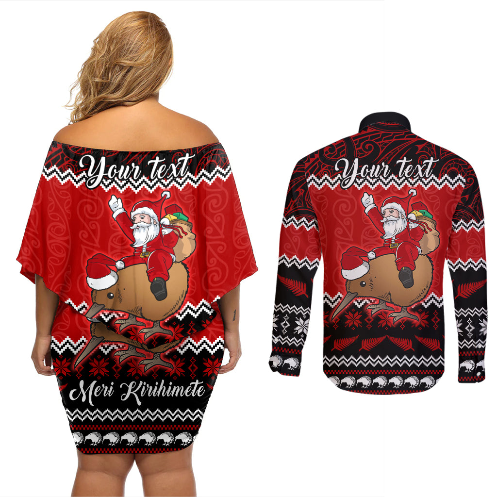 Personalised New Zealand Christmas Couples Matching Off Shoulder Short Dress and Long Sleeve Button Shirt Kiwi Santa Claus Maori Meri Kirihimete LT9 - Wonder Print Shop