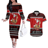 Personalised New Zealand Christmas Couples Matching Off The Shoulder Long Sleeve Dress and Hawaiian Shirt Kiwi Santa Claus Maori Meri Kirihimete LT9 - Wonder Print Shop