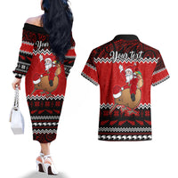 Personalised New Zealand Christmas Couples Matching Off The Shoulder Long Sleeve Dress and Hawaiian Shirt Kiwi Santa Claus Maori Meri Kirihimete LT9 - Wonder Print Shop
