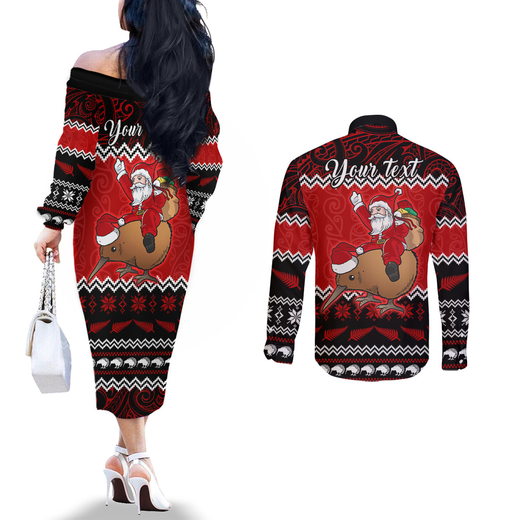 personalised-new-zealand-christmas-couples-matching-off-the-shoulder-long-sleeve-dress-and-long-sleeve-button-shirt-kiwi-santa-claus-maori-meri-kirihimete