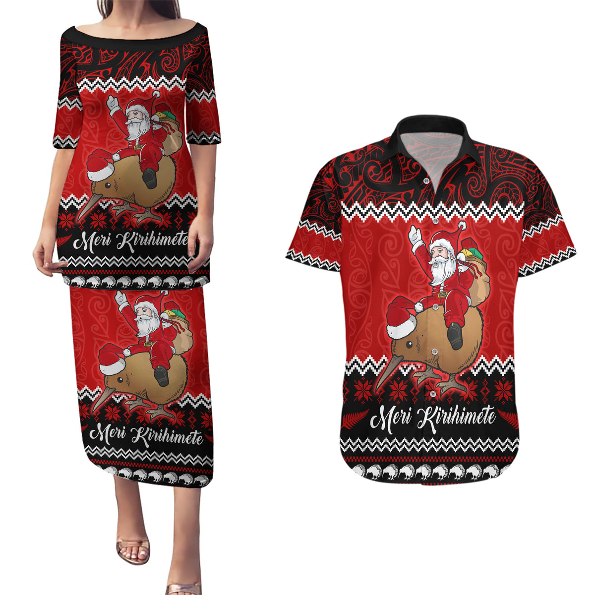 Personalised New Zealand Christmas Couples Matching Puletasi Dress and Hawaiian Shirt Kiwi Santa Claus Maori Meri Kirihimete LT9 - Wonder Print Shop
