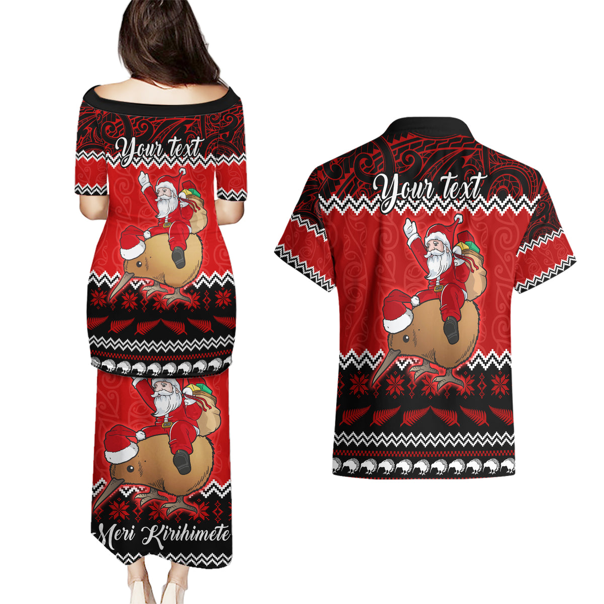 Personalised New Zealand Christmas Couples Matching Puletasi Dress and Hawaiian Shirt Kiwi Santa Claus Maori Meri Kirihimete LT9 - Wonder Print Shop
