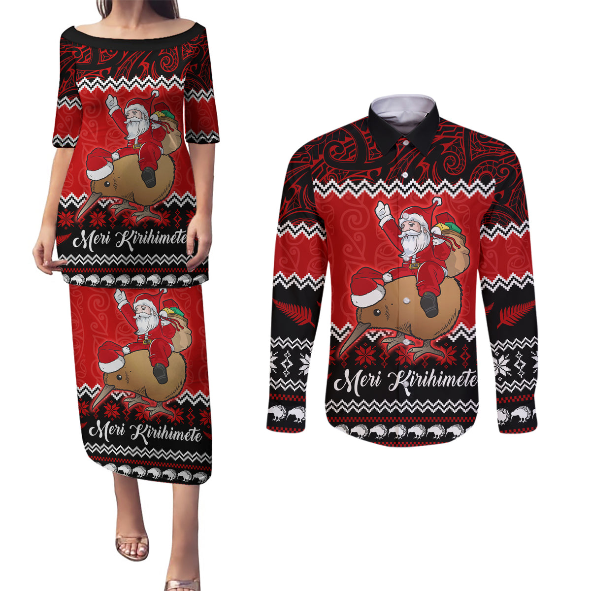 Personalised New Zealand Christmas Couples Matching Puletasi Dress and Long Sleeve Button Shirt Kiwi Santa Claus Maori Meri Kirihimete LT9 - Wonder Print Shop