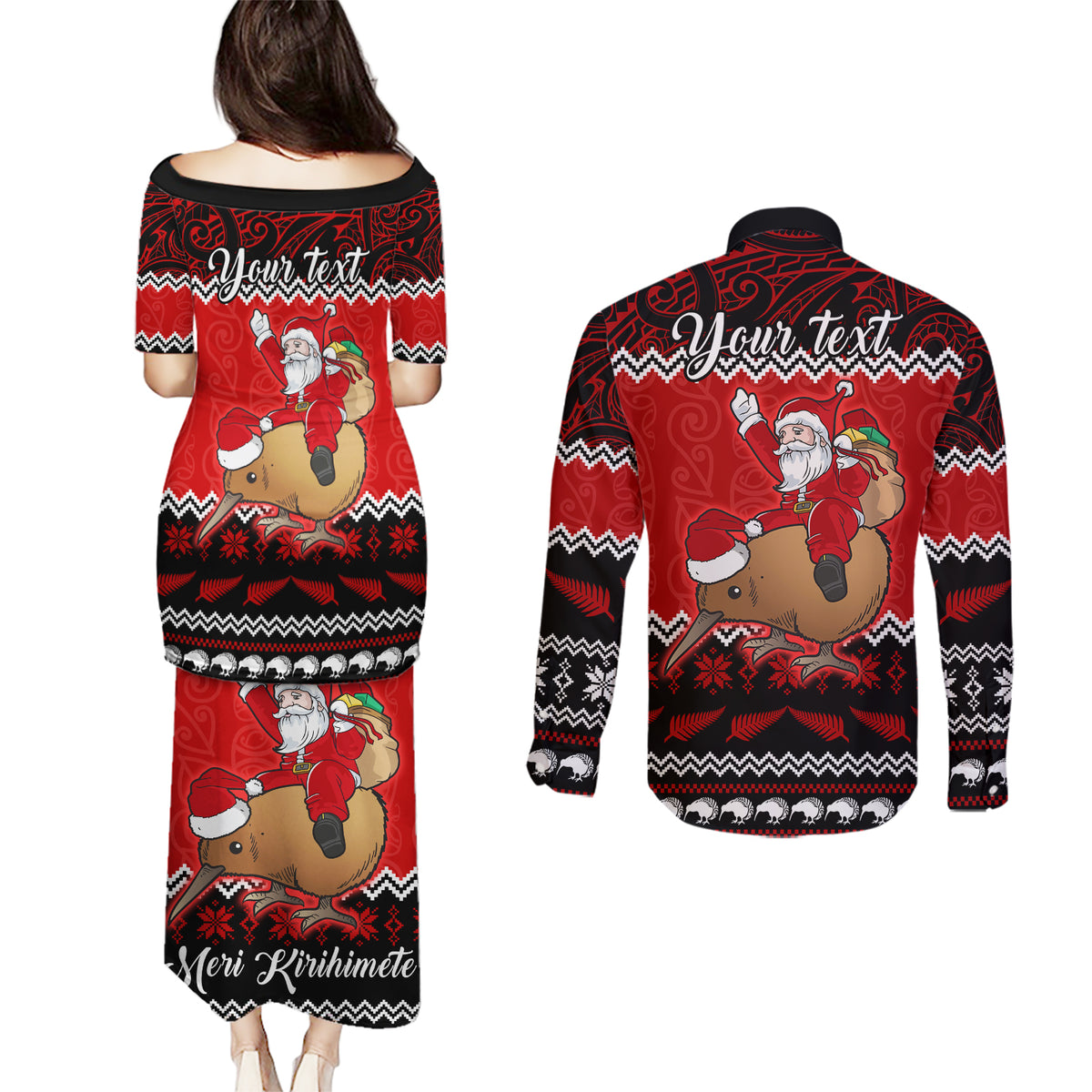 Personalised New Zealand Christmas Couples Matching Puletasi Dress and Long Sleeve Button Shirt Kiwi Santa Claus Maori Meri Kirihimete LT9 - Wonder Print Shop