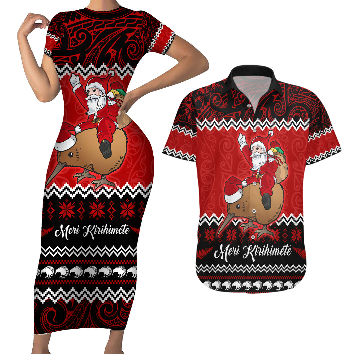 Personalised New Zealand Christmas Couples Matching Short Sleeve Bodycon Dress and Hawaiian Shirt Kiwi Santa Claus Maori Meri Kirihimete LT9 - Wonder Print Shop