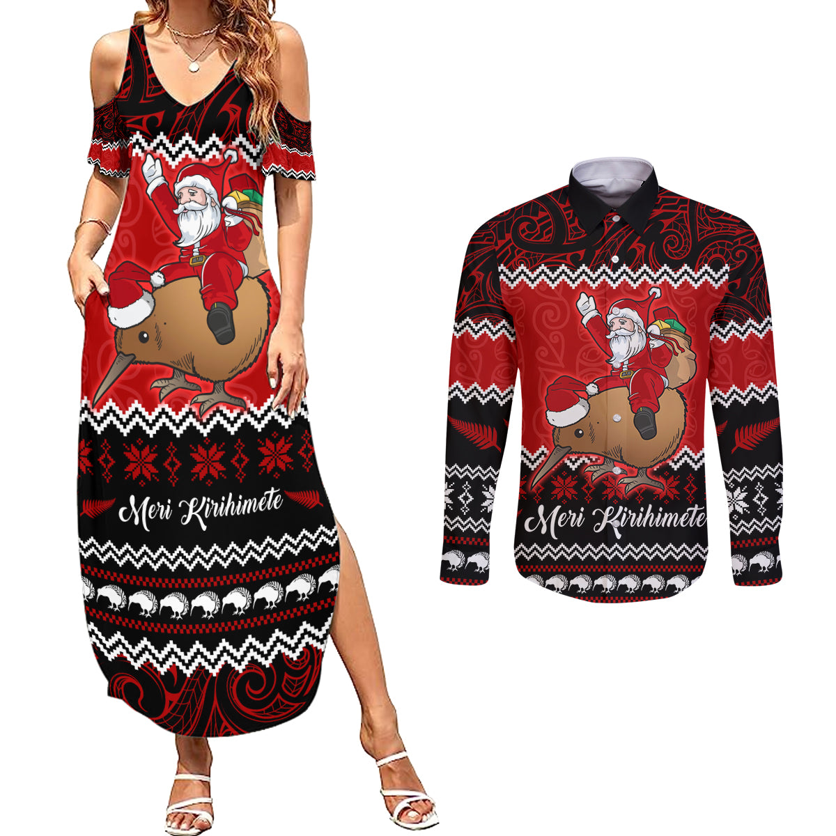 Personalised New Zealand Christmas Couples Matching Summer Maxi Dress and Long Sleeve Button Shirt Kiwi Santa Claus Maori Meri Kirihimete LT9 - Wonder Print Shop