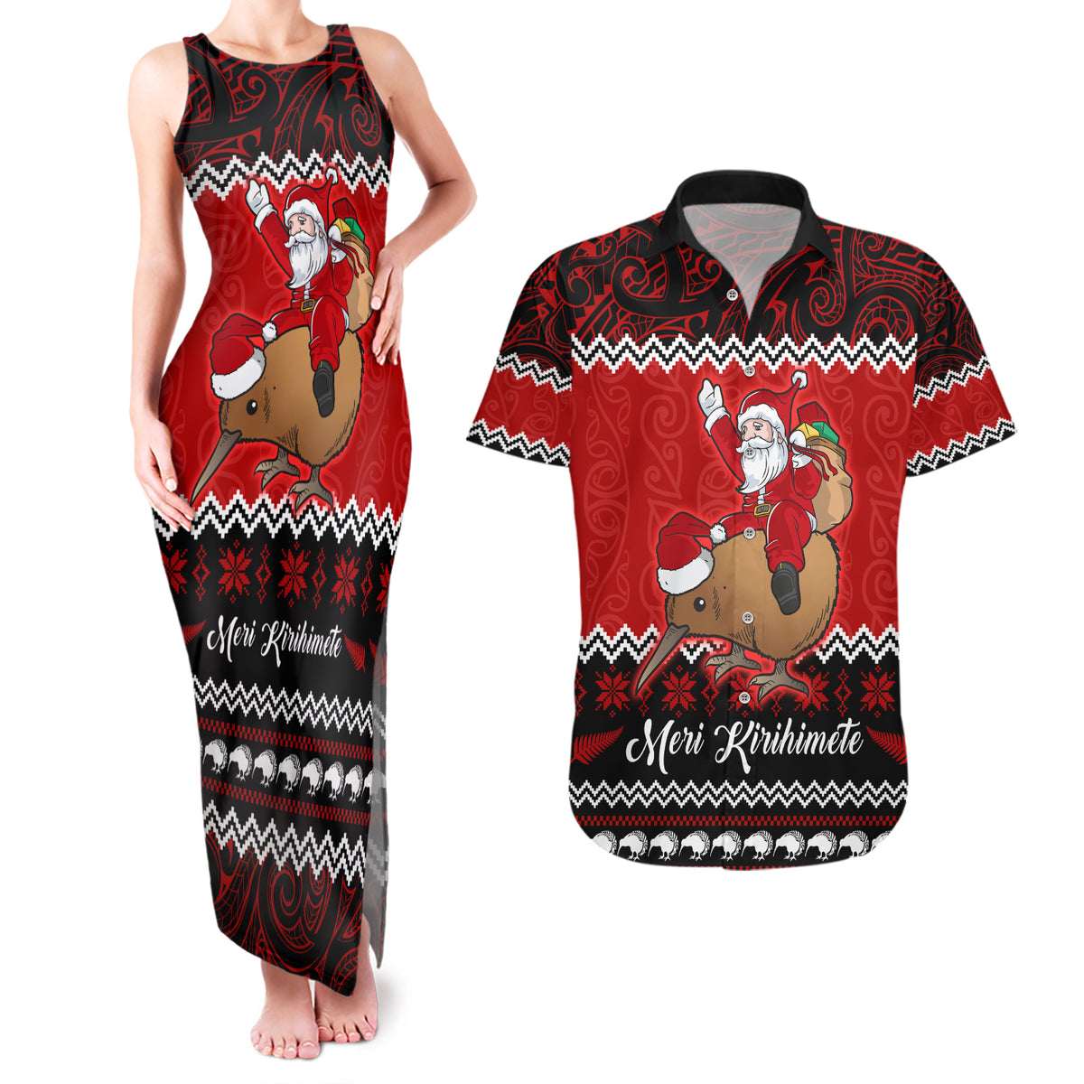 Personalised New Zealand Christmas Couples Matching Tank Maxi Dress and Hawaiian Shirt Kiwi Santa Claus Maori Meri Kirihimete LT9 - Wonder Print Shop