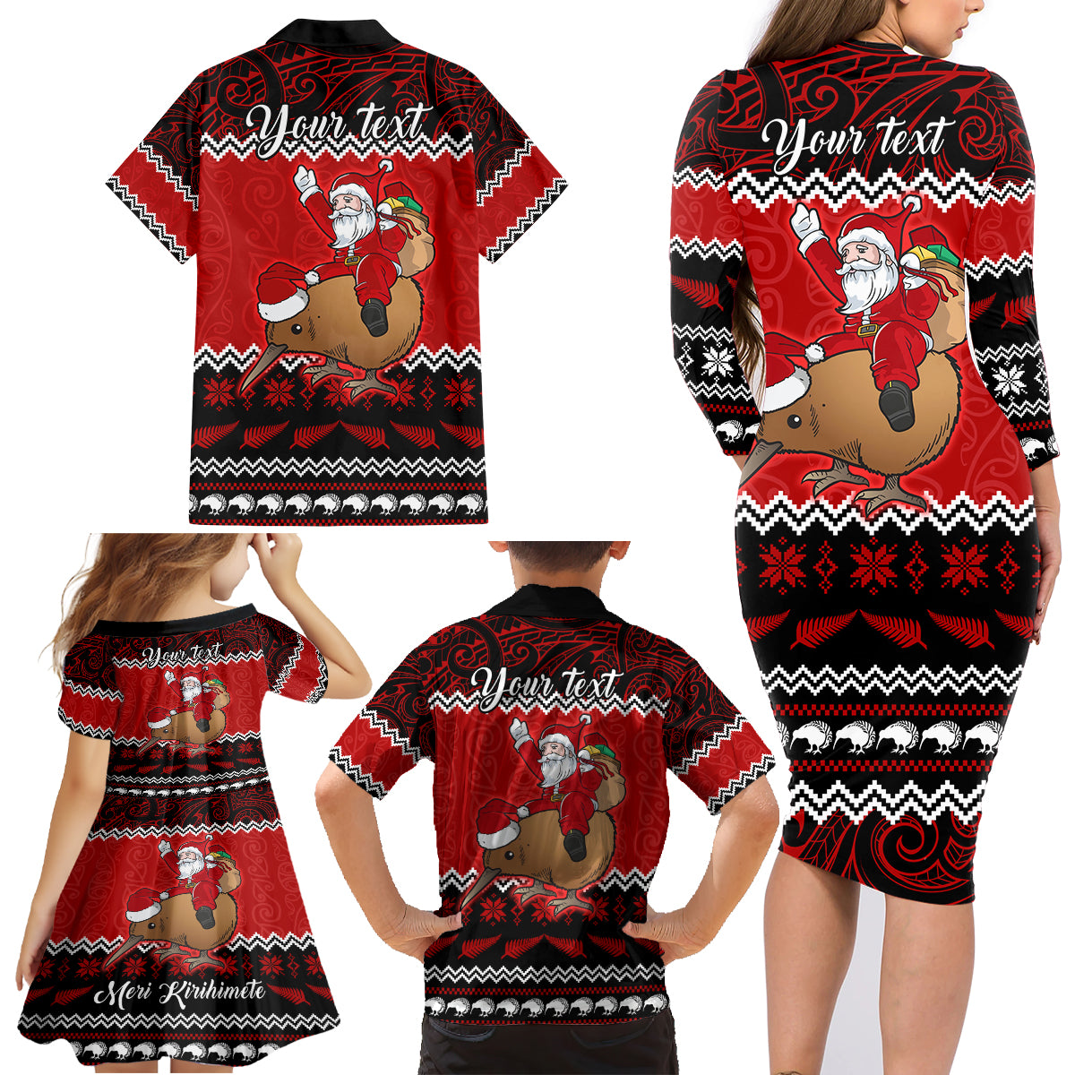 Personalised New Zealand Christmas Family Matching Long Sleeve Bodycon Dress and Hawaiian Shirt Kiwi Santa Claus Maori Meri Kirihimete LT9 - Wonder Print Shop