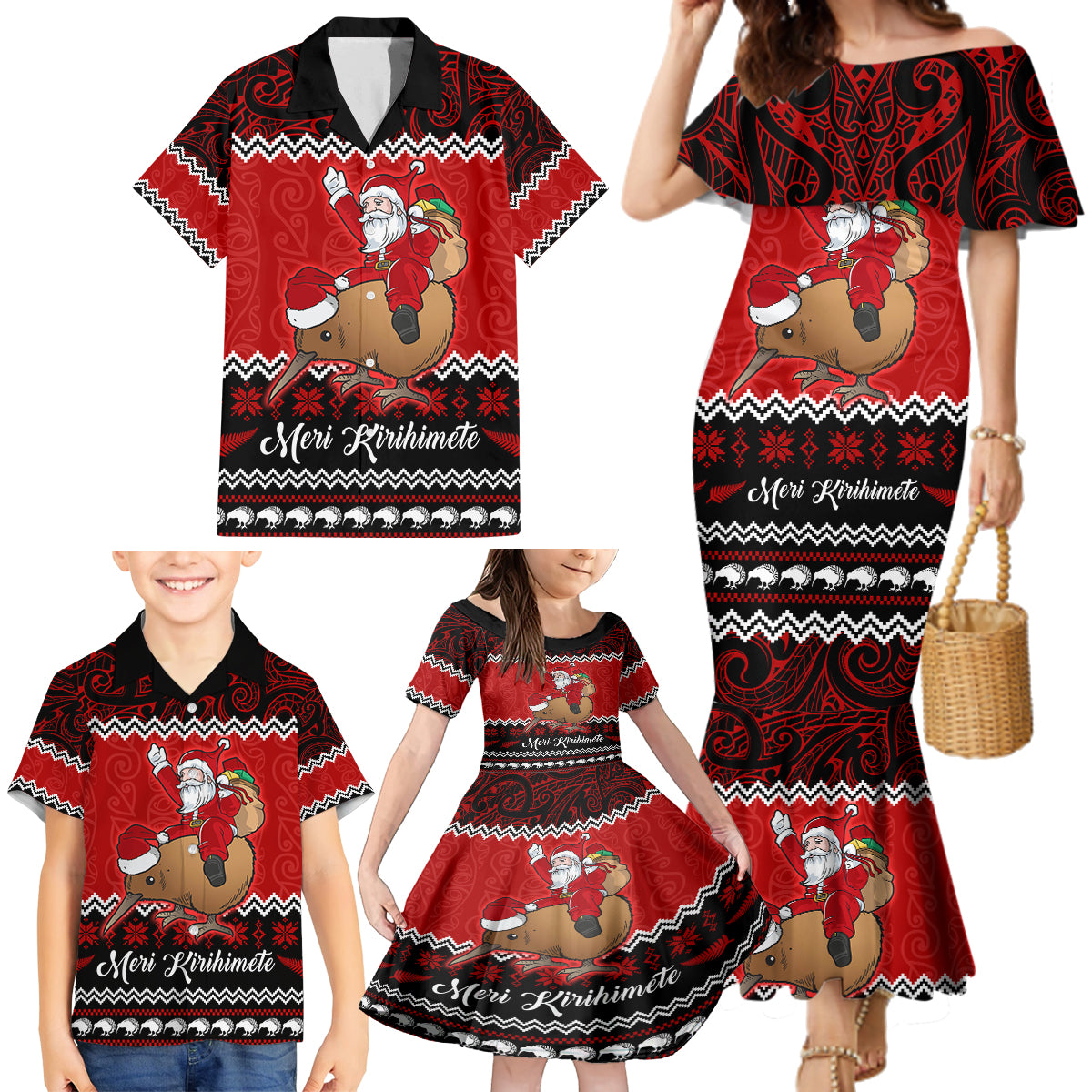 Personalised New Zealand Christmas Family Matching Mermaid Dress and Hawaiian Shirt Kiwi Santa Claus Maori Meri Kirihimete LT9 - Wonder Print Shop