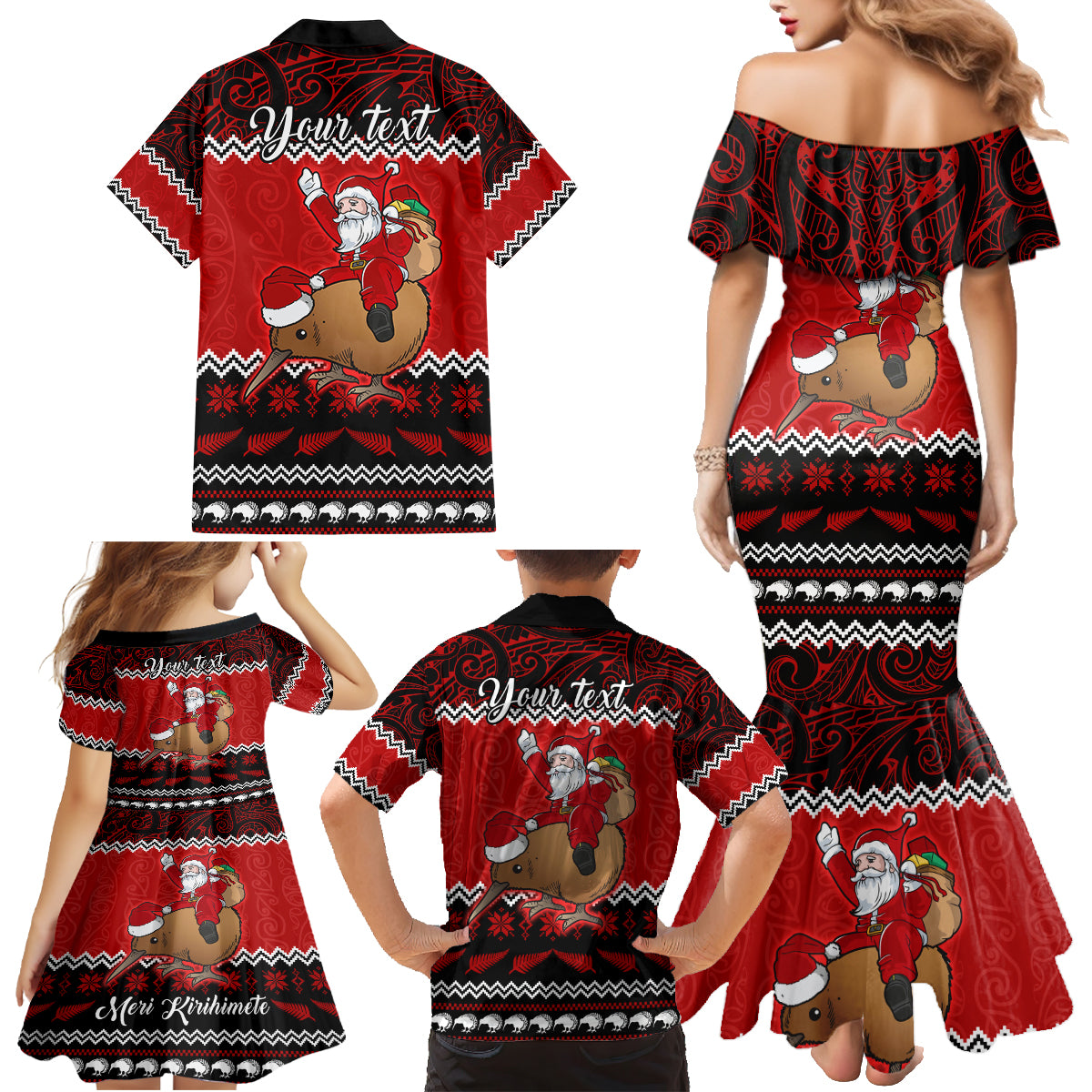 Personalised New Zealand Christmas Family Matching Mermaid Dress and Hawaiian Shirt Kiwi Santa Claus Maori Meri Kirihimete LT9 - Wonder Print Shop