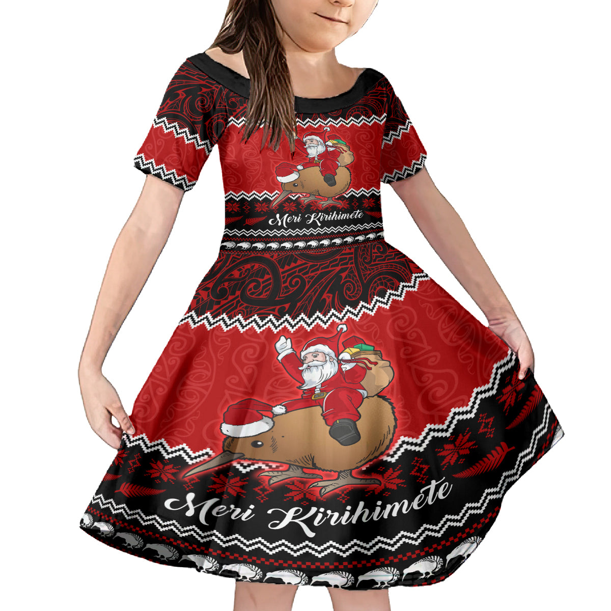 Personalised New Zealand Christmas Family Matching Off Shoulder Long Sleeve Dress and Hawaiian Shirt Kiwi Santa Claus Maori Meri Kirihimete - Wonder Print Shop