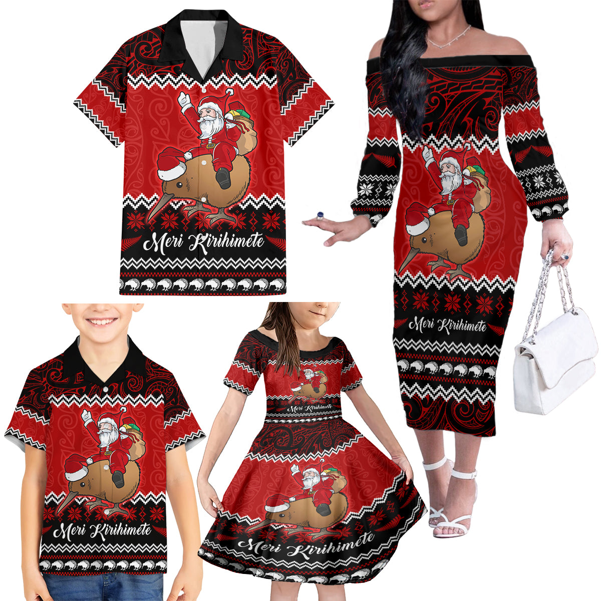 Personalised New Zealand Christmas Family Matching Off Shoulder Long Sleeve Dress and Hawaiian Shirt Kiwi Santa Claus Maori Meri Kirihimete - Wonder Print Shop
