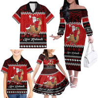 Personalised New Zealand Christmas Family Matching Off Shoulder Long Sleeve Dress and Hawaiian Shirt Kiwi Santa Claus Maori Meri Kirihimete - Wonder Print Shop