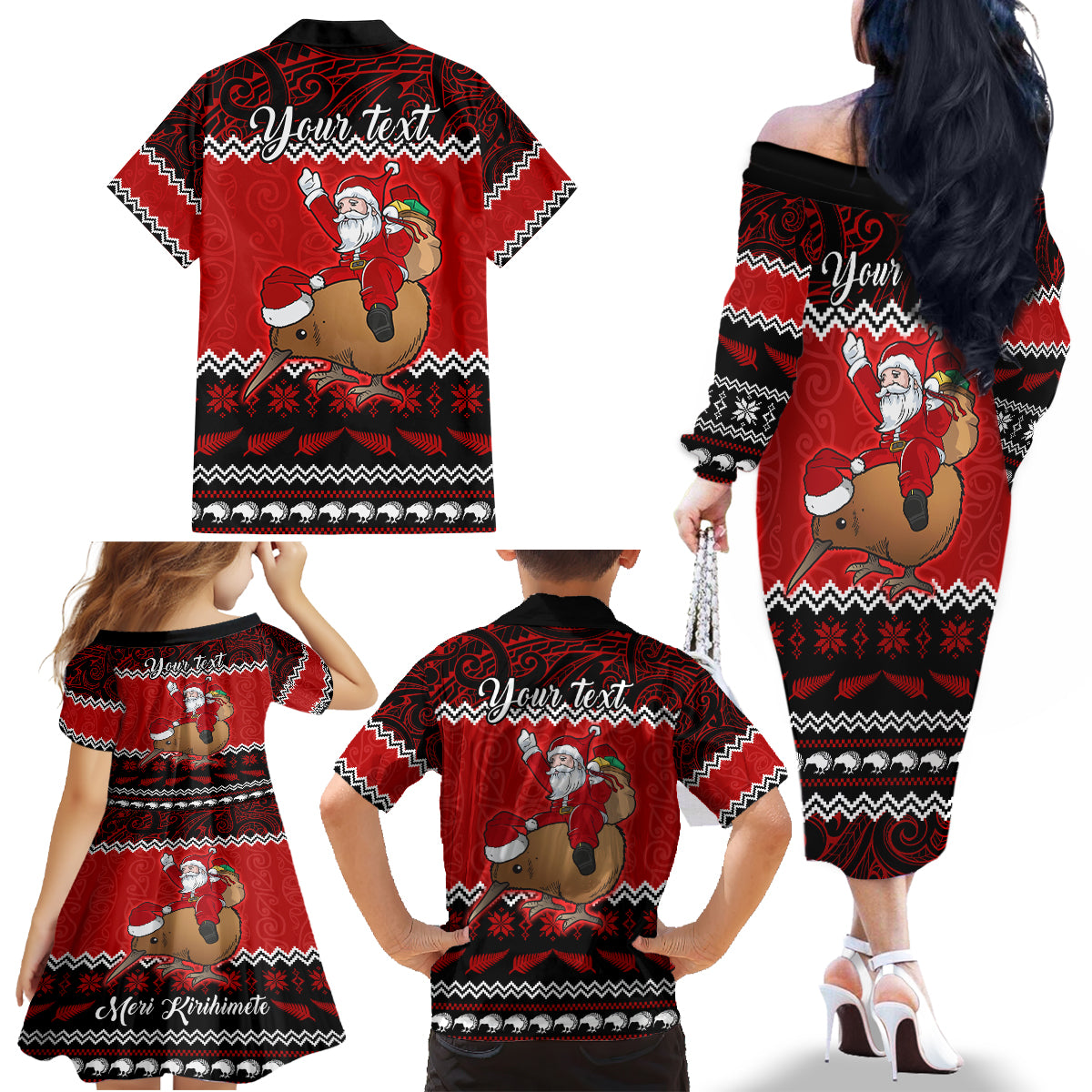 Personalised New Zealand Christmas Family Matching Off Shoulder Long Sleeve Dress and Hawaiian Shirt Kiwi Santa Claus Maori Meri Kirihimete - Wonder Print Shop