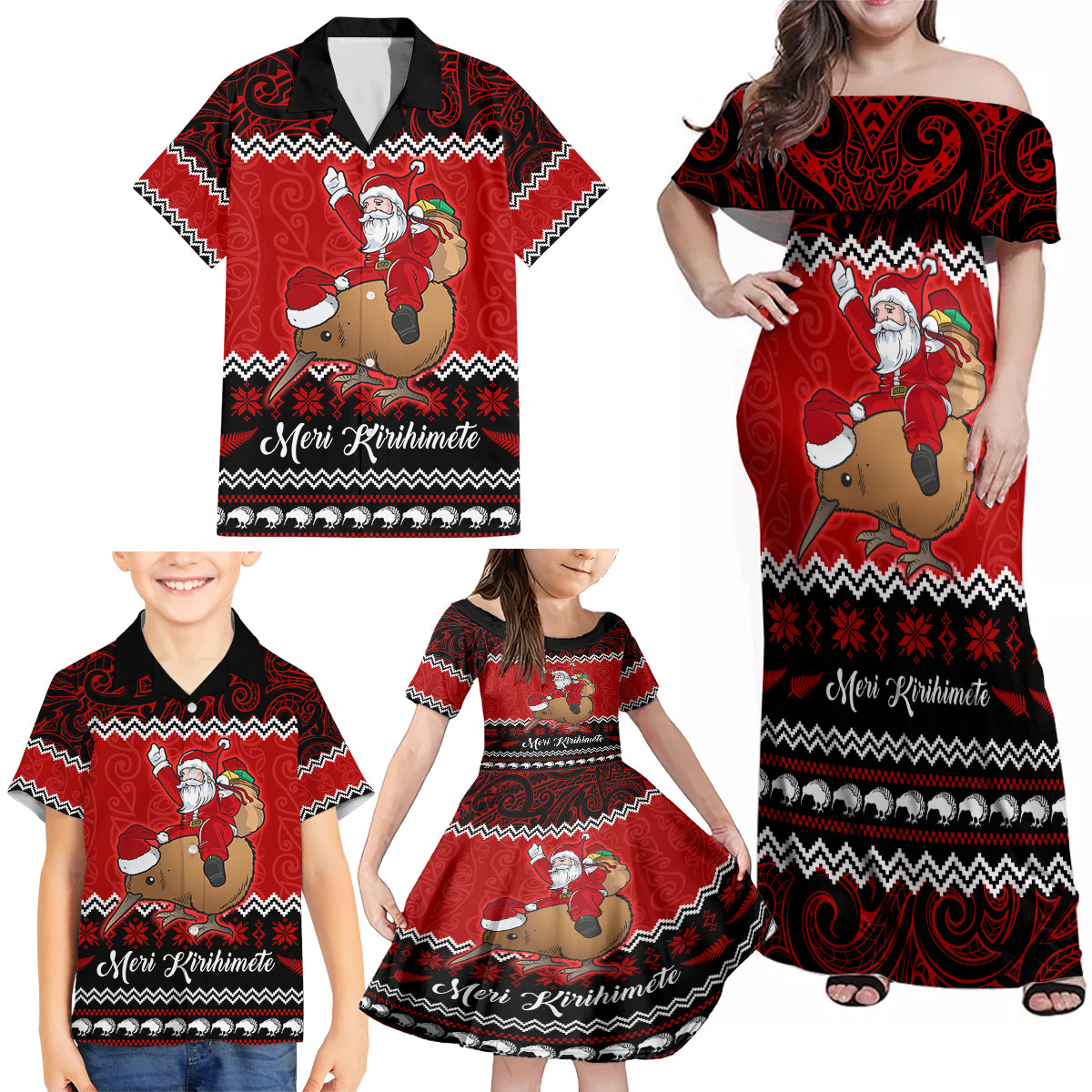Personalised New Zealand Christmas Family Matching Off Shoulder Maxi Dress and Hawaiian Shirt Kiwi Santa Claus Maori Meri Kirihimete LT9 - Wonder Print Shop