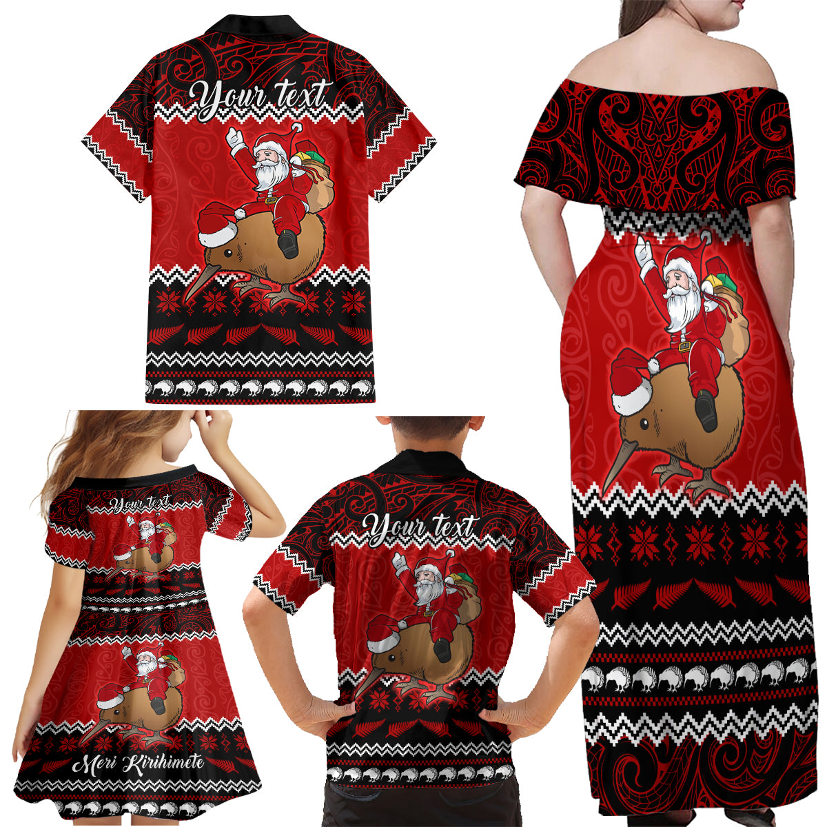 Personalised New Zealand Christmas Family Matching Off Shoulder Maxi Dress and Hawaiian Shirt Kiwi Santa Claus Maori Meri Kirihimete LT9 - Wonder Print Shop