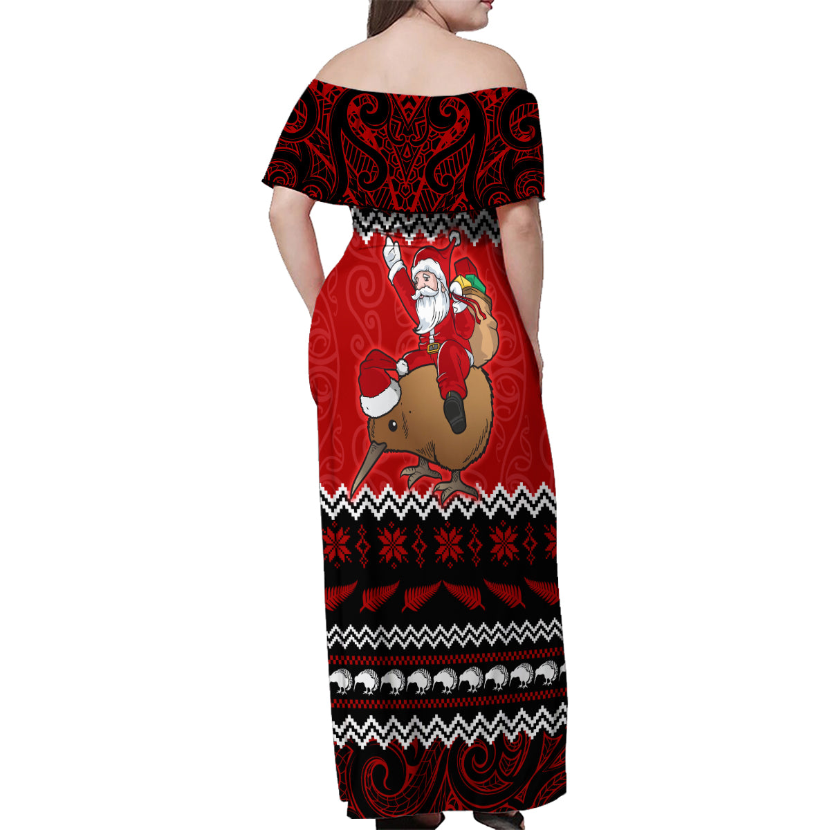 Personalised New Zealand Christmas Family Matching Off Shoulder Maxi Dress and Hawaiian Shirt Kiwi Santa Claus Maori Meri Kirihimete LT9 - Wonder Print Shop