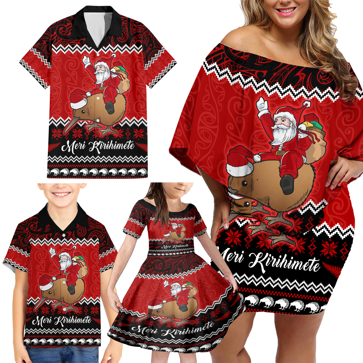 Personalised New Zealand Christmas Family Matching Off Shoulder Short Dress and Hawaiian Shirt Kiwi Santa Claus Maori Meri Kirihimete LT9 - Wonder Print Shop