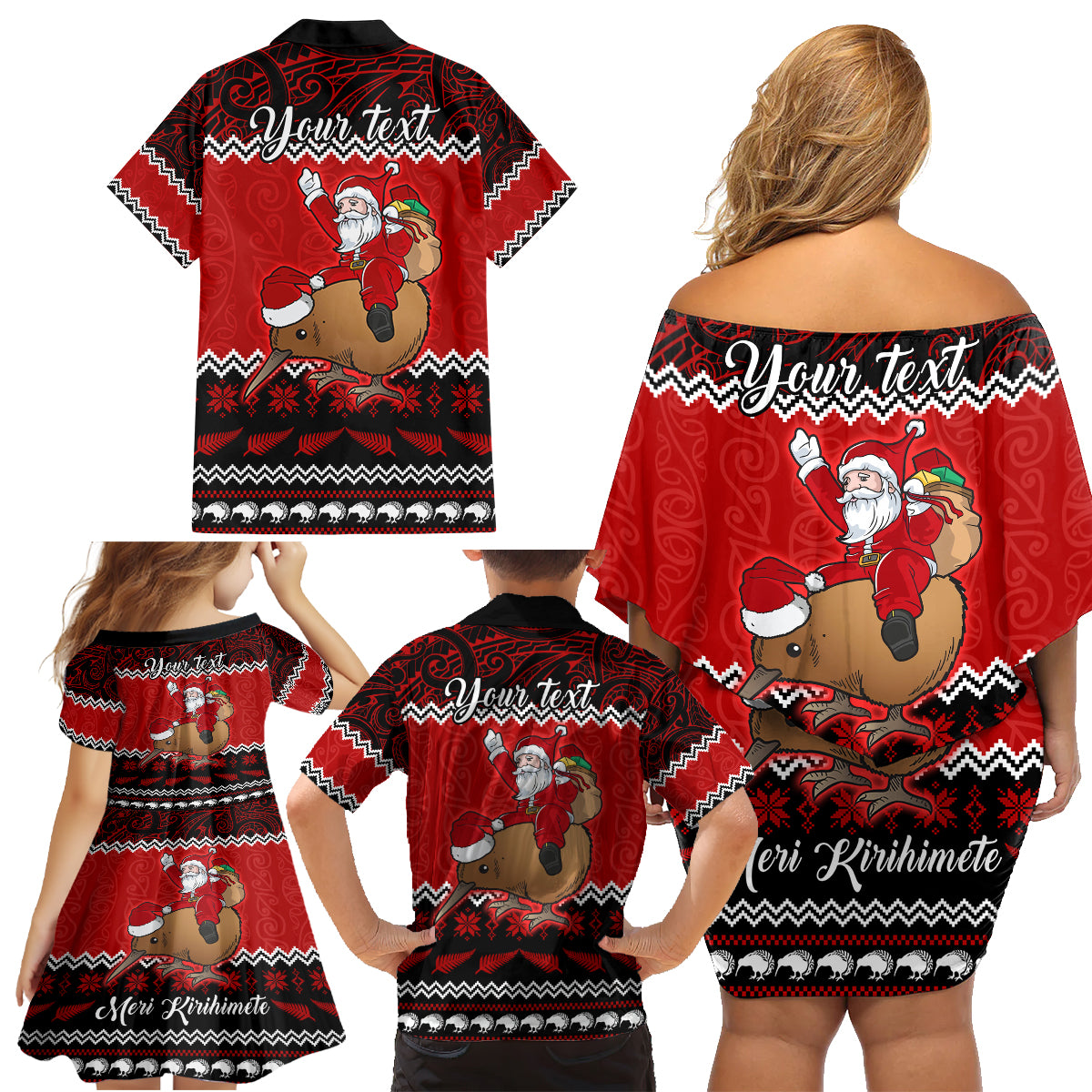 Personalised New Zealand Christmas Family Matching Off Shoulder Short Dress and Hawaiian Shirt Kiwi Santa Claus Maori Meri Kirihimete LT9 - Wonder Print Shop