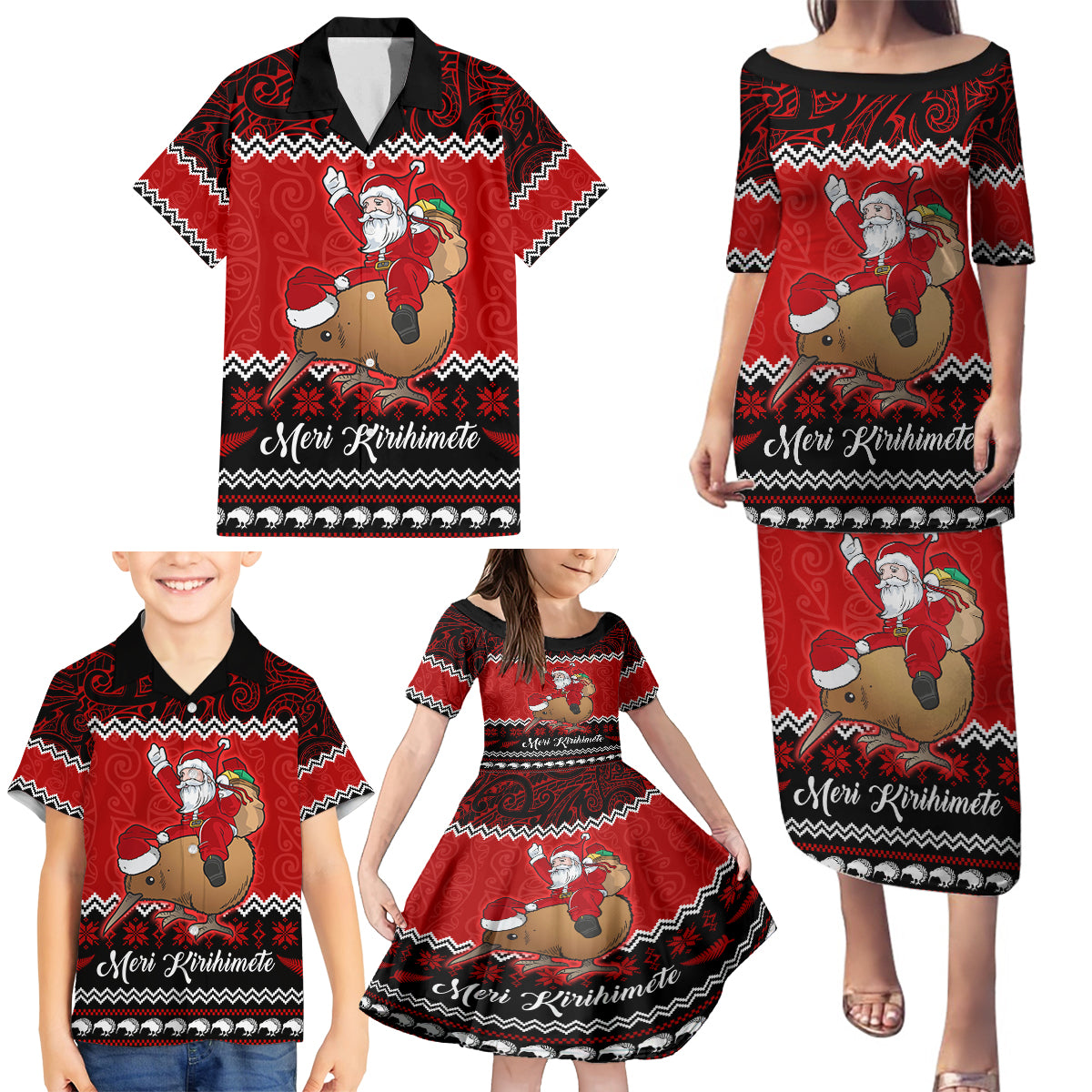 Personalised New Zealand Christmas Family Matching Puletasi Dress and Hawaiian Shirt Kiwi Santa Claus Maori Meri Kirihimete - Wonder Print Shop