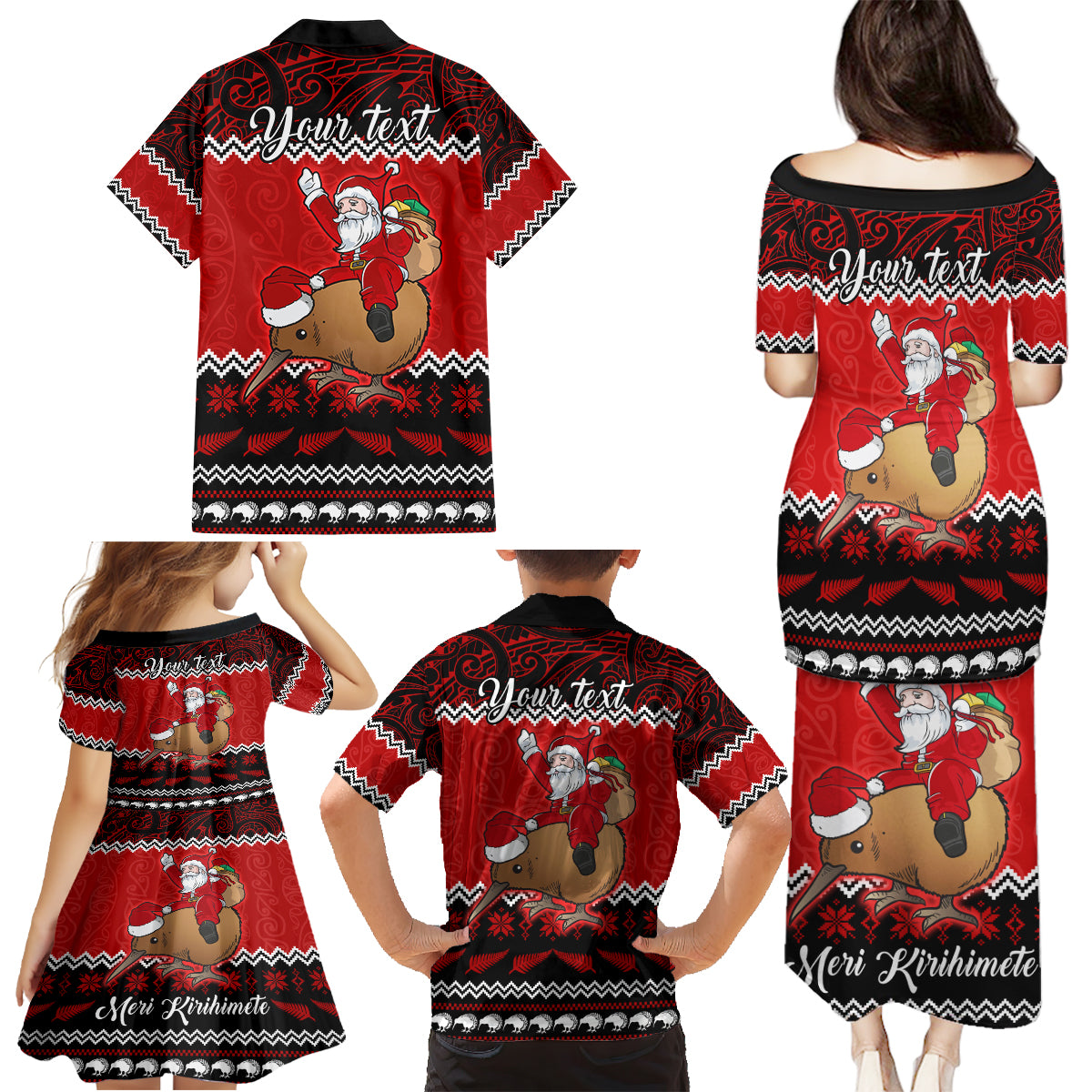 Personalised New Zealand Christmas Family Matching Puletasi Dress and Hawaiian Shirt Kiwi Santa Claus Maori Meri Kirihimete - Wonder Print Shop