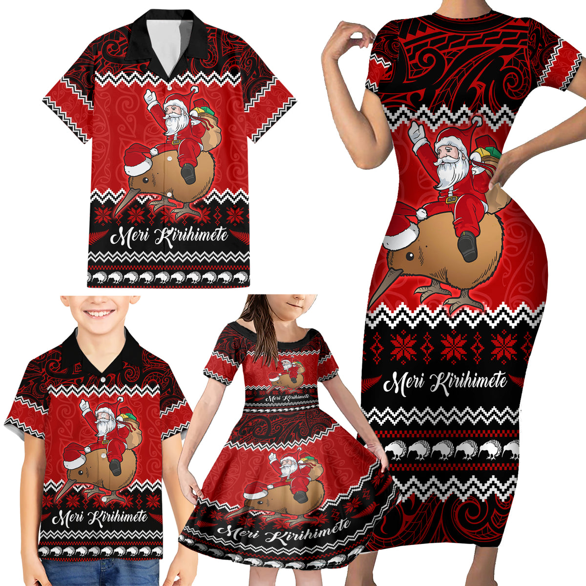 Personalised New Zealand Christmas Family Matching Short Sleeve Bodycon Dress and Hawaiian Shirt Kiwi Santa Claus Maori Meri Kirihimete - Wonder Print Shop