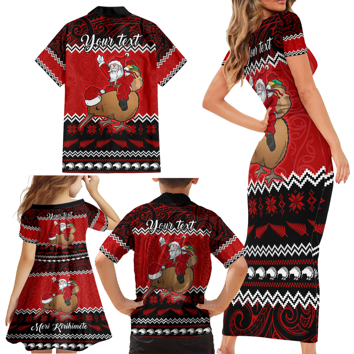Personalised New Zealand Christmas Family Matching Short Sleeve Bodycon Dress and Hawaiian Shirt Kiwi Santa Claus Maori Meri Kirihimete - Wonder Print Shop