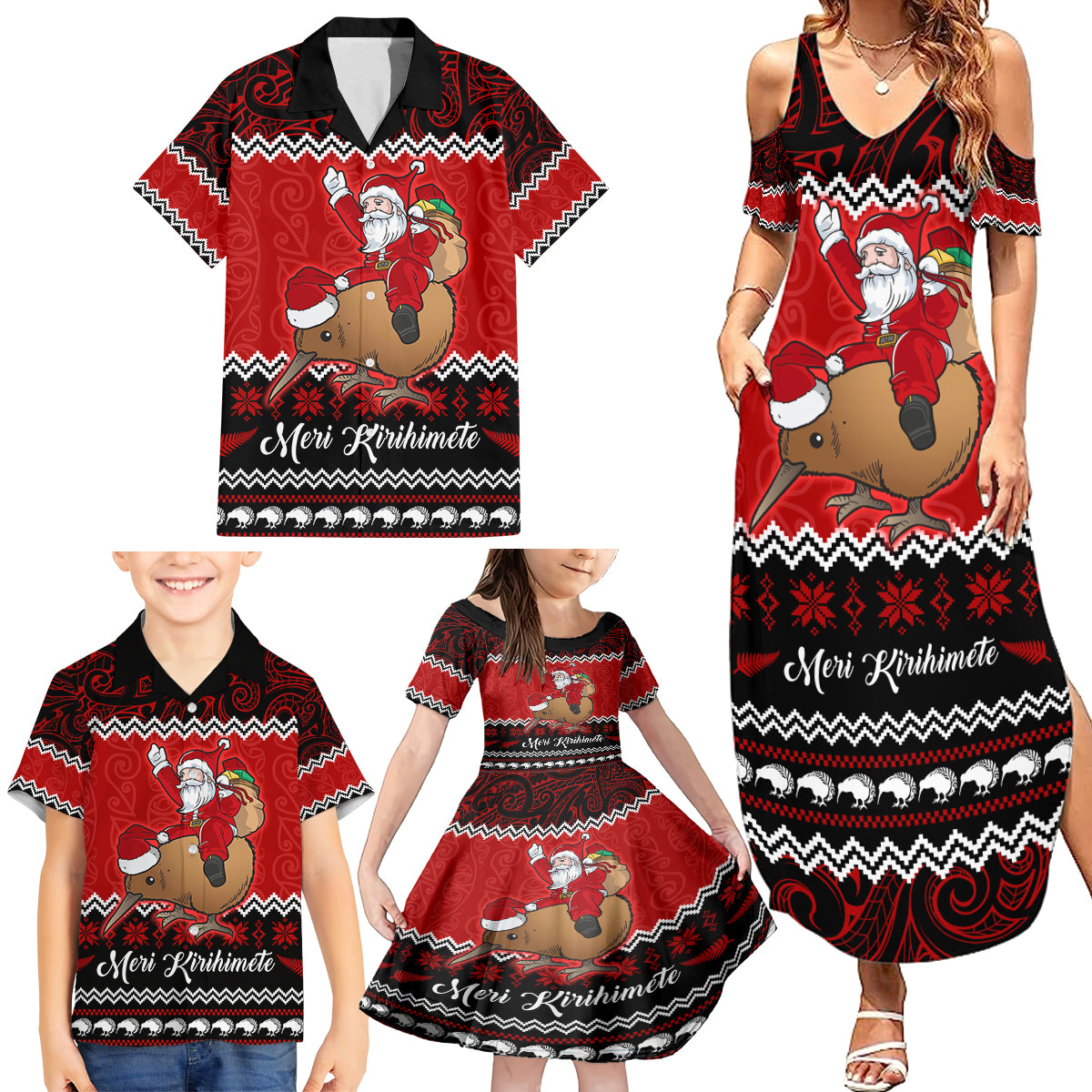 Personalised New Zealand Christmas Family Matching Summer Maxi Dress and Hawaiian Shirt Kiwi Santa Claus Maori Meri Kirihimete - Wonder Print Shop
