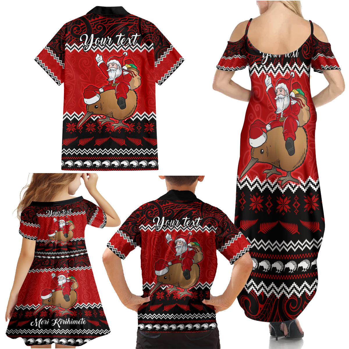 Personalised New Zealand Christmas Family Matching Summer Maxi Dress and Hawaiian Shirt Kiwi Santa Claus Maori Meri Kirihimete - Wonder Print Shop