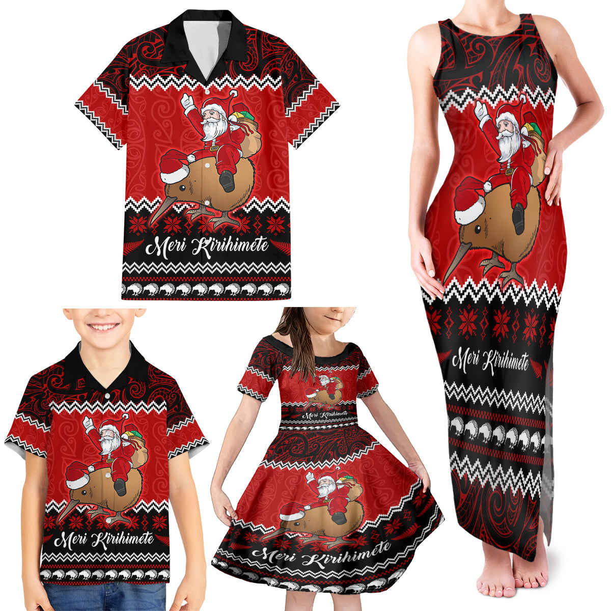 Personalised New Zealand Christmas Family Matching Tank Maxi Dress and Hawaiian Shirt Kiwi Santa Claus Maori Meri Kirihimete - Wonder Print Shop
