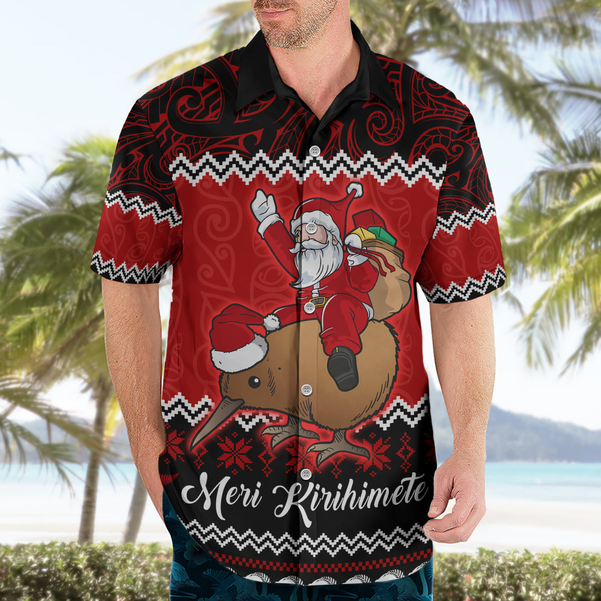 Personalised New Zealand Christmas Hawaiian Shirt Kiwi Santa Claus Maori Meri Kirihimete - Wonder Print Shop