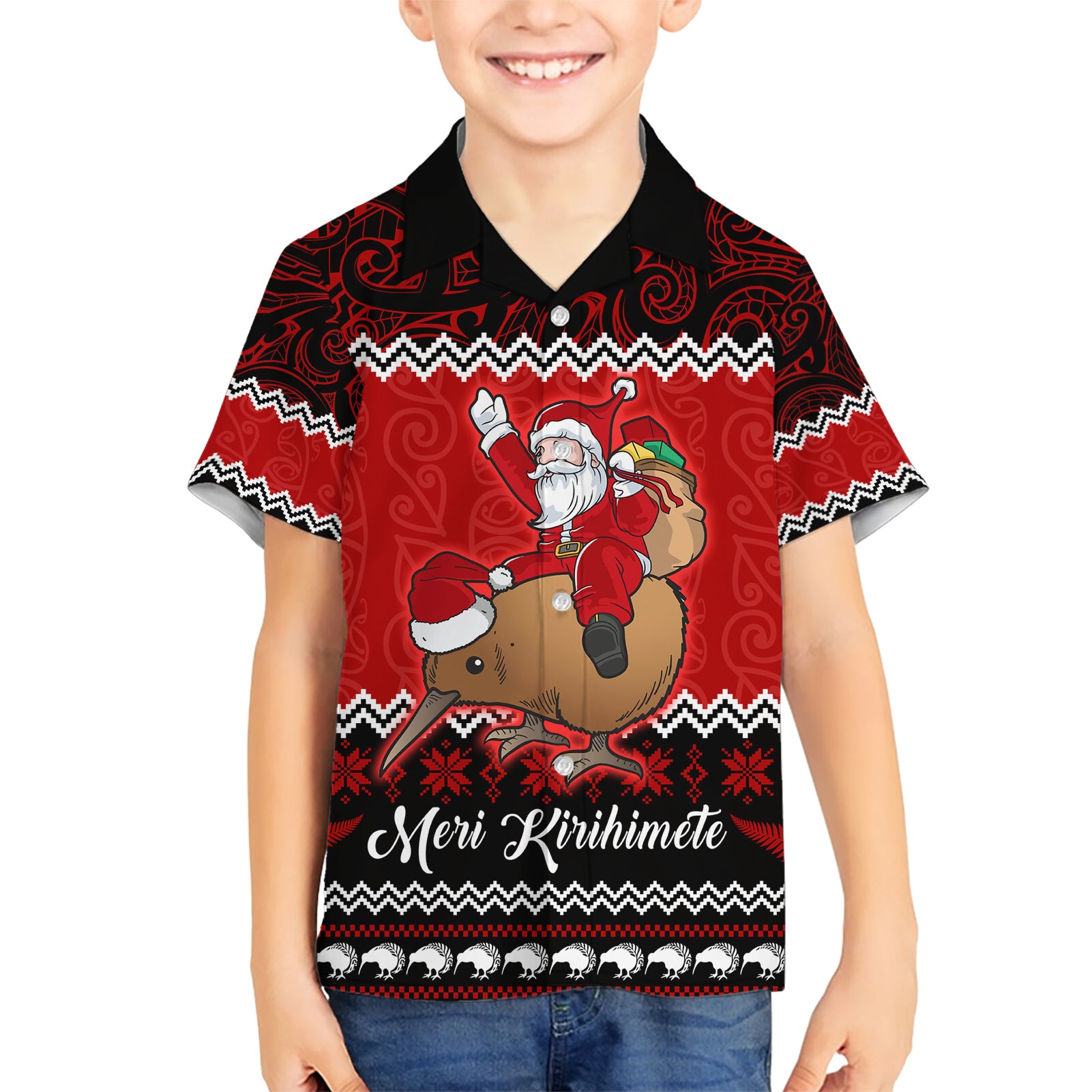 Personalised New Zealand Christmas Kid Hawaiian Shirt Kiwi Santa Claus Maori Meri Kirihimete - Wonder Print Shop