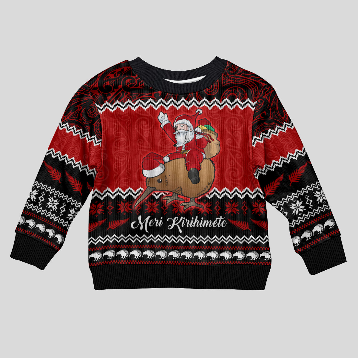 Personalised New Zealand Christmas Kid Ugly Christmas Sweater Kiwi Santa Claus Maori Meri Kirihimete - Wonder Print Shop