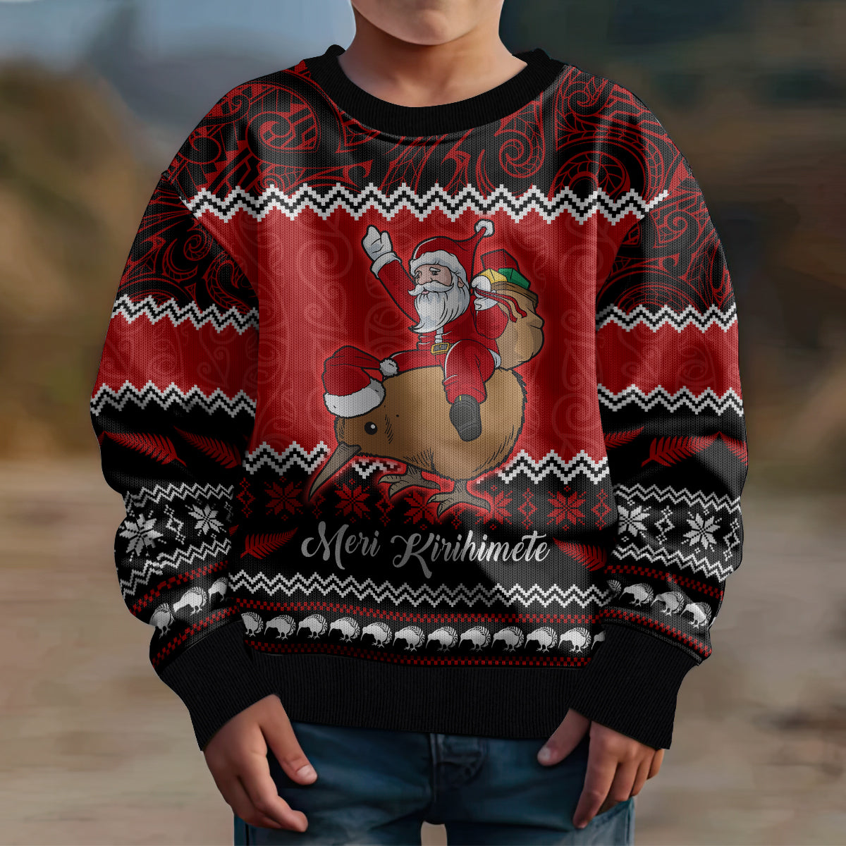 Personalised New Zealand Christmas Kid Ugly Christmas Sweater Kiwi Santa Claus Maori Meri Kirihimete - Wonder Print Shop