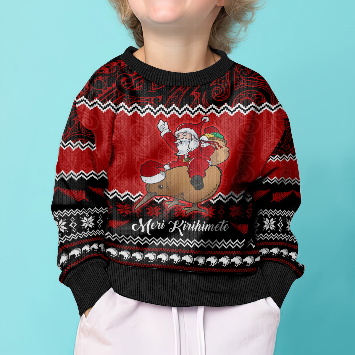 Personalised New Zealand Christmas Kid Ugly Christmas Sweater Kiwi Santa Claus Maori Meri Kirihimete - Wonder Print Shop
