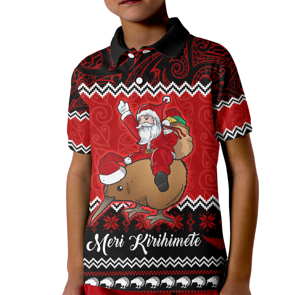 Personalised New Zealand Christmas Kid Polo Shirt Kiwi Santa Claus Maori Meri Kirihimete - Wonder Print Shop