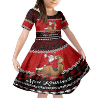 Personalised New Zealand Christmas Kid Short Sleeve Dress Kiwi Santa Claus Maori Meri Kirihimete - Wonder Print Shop