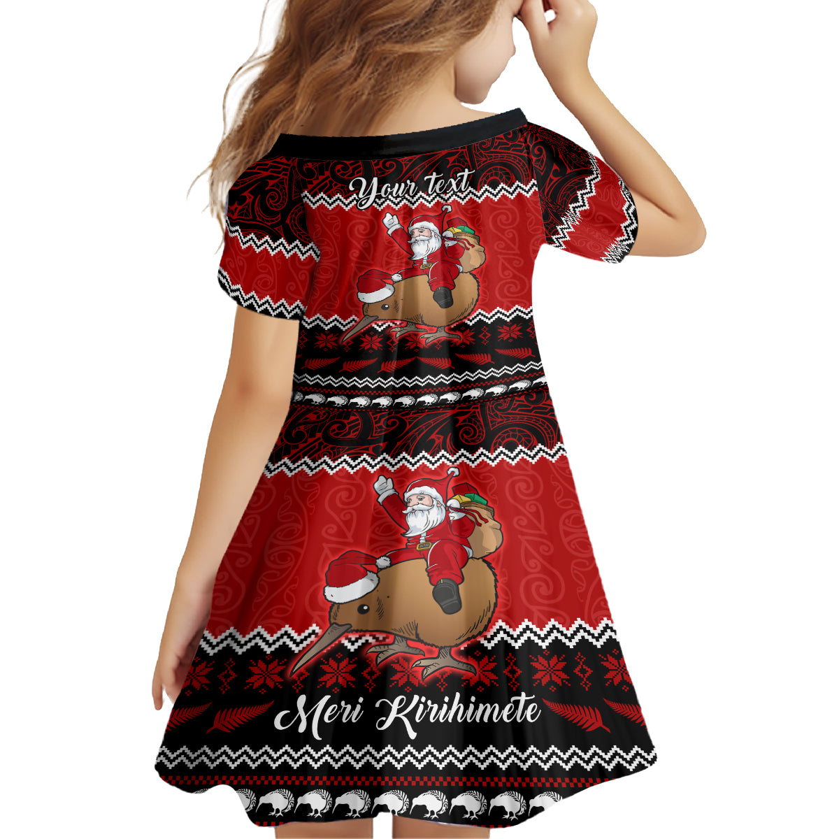 Personalised New Zealand Christmas Kid Short Sleeve Dress Kiwi Santa Claus Maori Meri Kirihimete - Wonder Print Shop