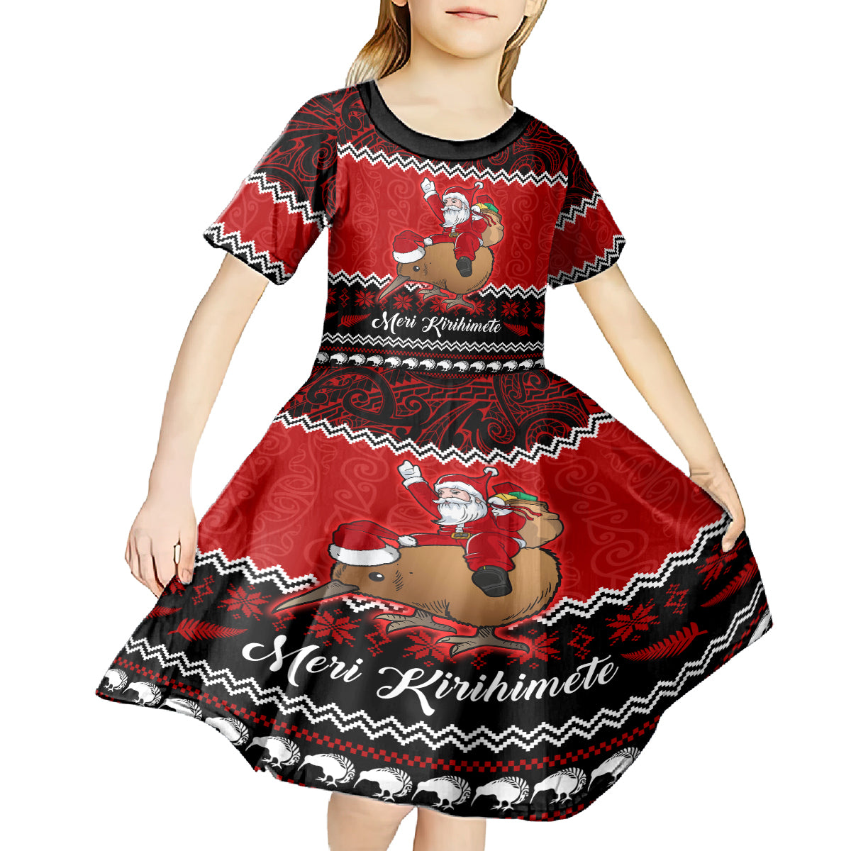 Personalised New Zealand Christmas Kid Short Sleeve Dress Kiwi Santa Claus Maori Meri Kirihimete - Wonder Print Shop
