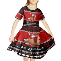 Personalised New Zealand Christmas Kid Short Sleeve Dress Kiwi Santa Claus Maori Meri Kirihimete - Wonder Print Shop