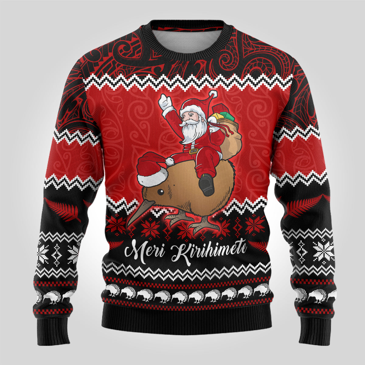 Personalised New Zealand Christmas Ugly Christmas Sweater Kiwi Santa Claus Maori Meri Kirihimete - Wonder Print Shop