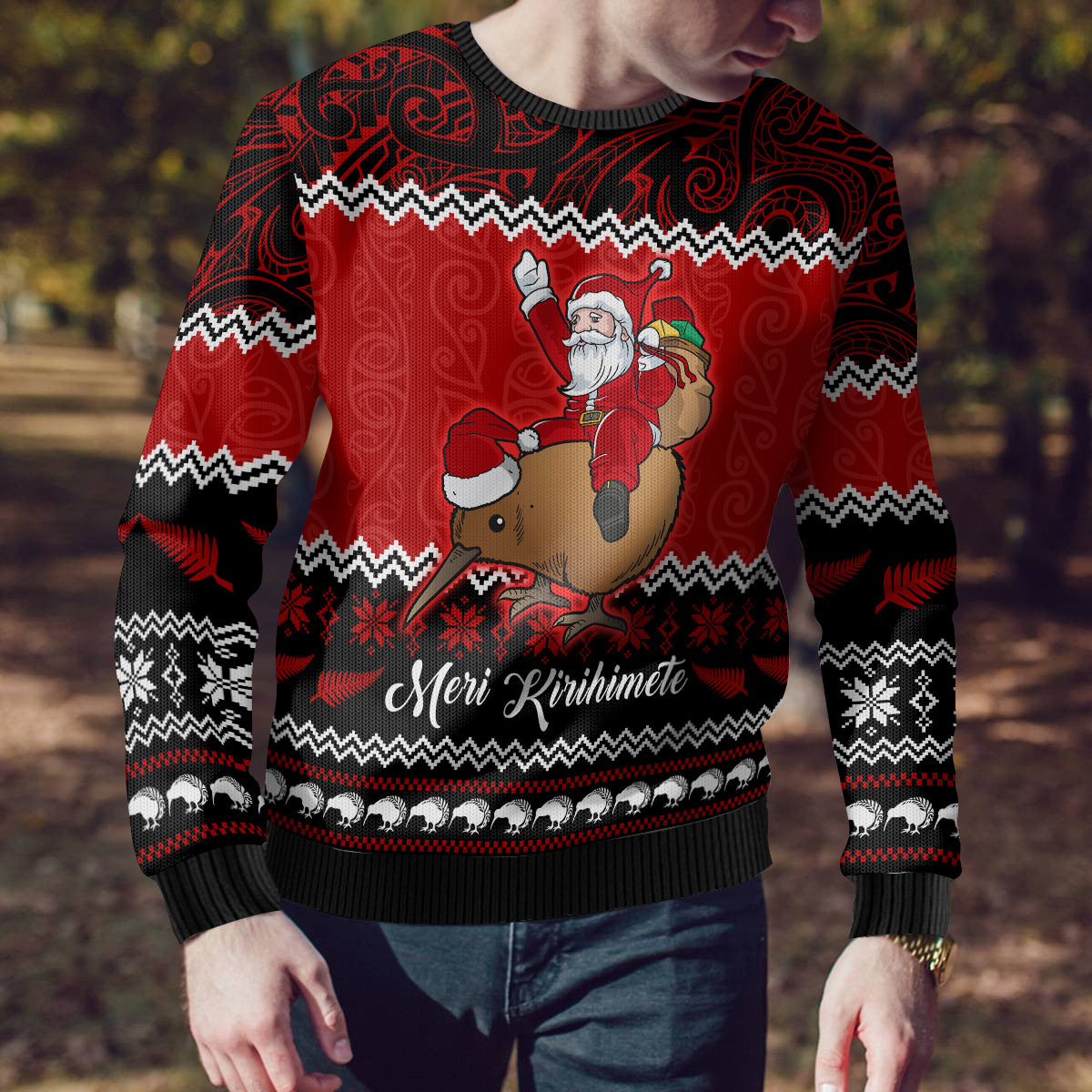Personalised New Zealand Christmas Ugly Christmas Sweater Kiwi Santa Claus Maori Meri Kirihimete - Wonder Print Shop