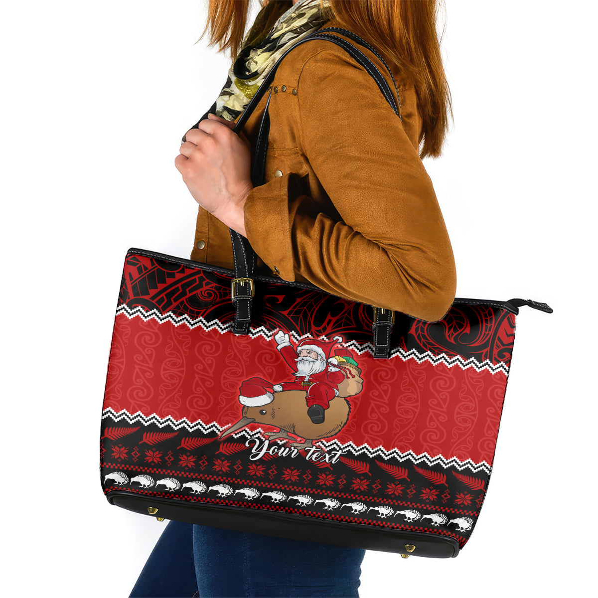 Personalised New Zealand Christmas Leather Tote Bag Kiwi Santa Claus Maori Meri Kirihimete - Wonder Print Shop
