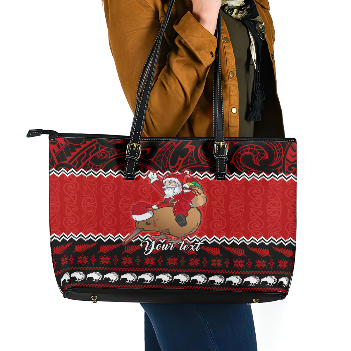 Personalised New Zealand Christmas Leather Tote Bag Kiwi Santa Claus Maori Meri Kirihimete - Wonder Print Shop