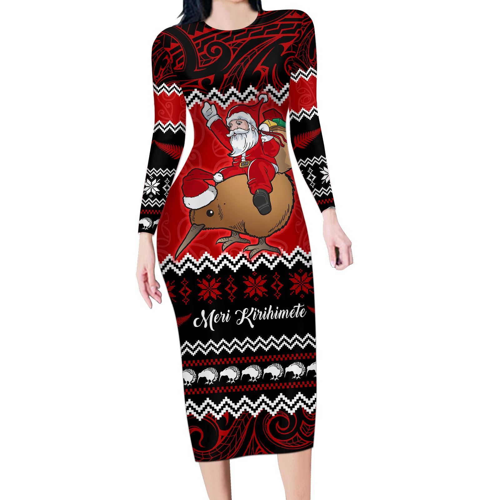 Personalised New Zealand Christmas Long Sleeve Bodycon Dress Kiwi Santa Claus Maori Meri Kirihimete - Wonder Print Shop