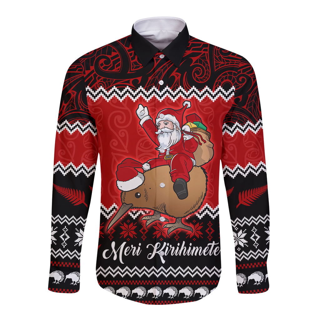 Personalised New Zealand Christmas Long Sleeve Button Shirt Kiwi Santa Claus Maori Meri Kirihimete - Wonder Print Shop