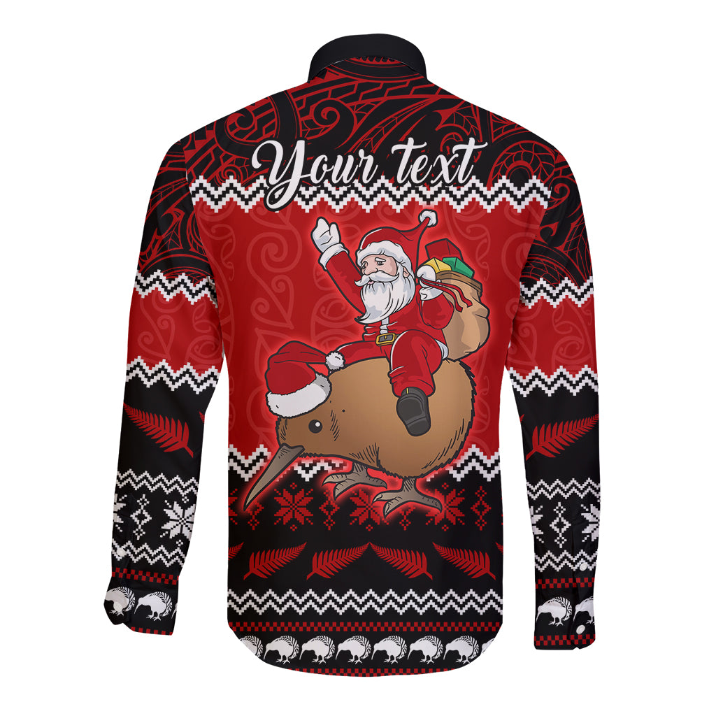 Personalised New Zealand Christmas Long Sleeve Button Shirt Kiwi Santa Claus Maori Meri Kirihimete - Wonder Print Shop