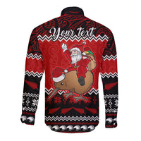 Personalised New Zealand Christmas Long Sleeve Button Shirt Kiwi Santa Claus Maori Meri Kirihimete - Wonder Print Shop